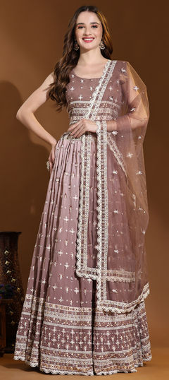 Beige and Brown color Ready to Wear Lehenga in Georgette, Viscose fabric with Embroidered, Resham, Sequence, Thread work