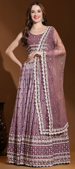 Purple and Violet color Ready to Wear Lehenga in Georgette, Viscose fabric with Embroidered, Resham, Sequence, Thread work