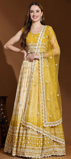 Yellow color Ready to Wear Lehenga in Georgette, Viscose fabric with Embroidered, Resham, Sequence, Thread work