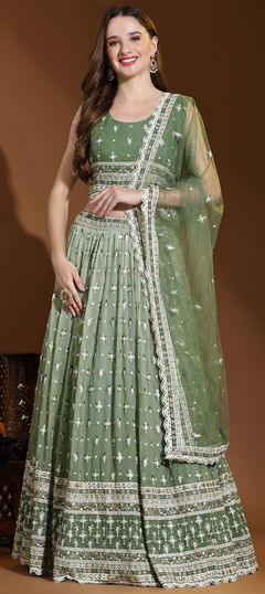 Green color Ready to Wear Lehenga in Georgette, Viscose fabric with Embroidered, Resham, Sequence, Thread work