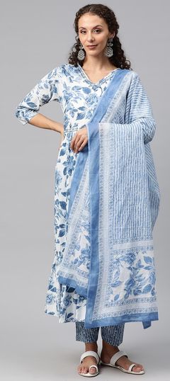 Festive, Summer Blue, White and Off White color Salwar Kameez in Cotton fabric with Anarkali Printed, Resham, Thread, Zari work : 1899839