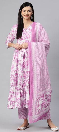 Summer Pink and Majenta, White and Off White color Salwar Kameez in Cotton fabric with Anarkali Floral, Printed, Resham, Thread, Zari work : 1899841