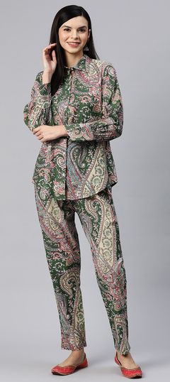 Beige and Brown, Green color Co-ords Set in Cotton fabric with Printed work