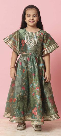 Festive, Summer Green color Kids Lehenga in Art Silk fabric with Flared Bandhej, Floral, Gota Patti, Printed work : 1899918