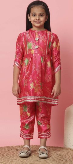 Pink and Majenta color Girls Top with Bottom in Art Silk fabric with Bandhej, Gota Patti, Printed work