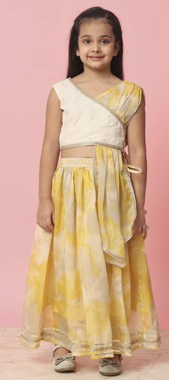 Festive, Summer White and Off White, Yellow color Kids Lehenga in Organza Silk fabric with Flared Gota Patti, Lace, Printed, Resham, Thread work : 1899941