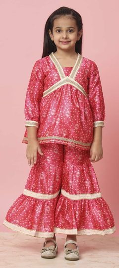 Pink and Majenta color Girls Top with Bottom in Art Silk fabric with Bandhej, Gota Patti, Lace, Printed work