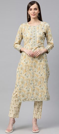 Beige and Brown color Salwar Kameez in Cotton fabric with Gota Patti, Printed work