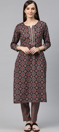 Black and Grey, Blue color Salwar Kameez in Cotton fabric with Gota Patti, Printed work