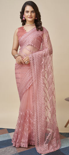 Pink and Majenta color Saree in Net fabric with Embroidered, Resham, Thread work