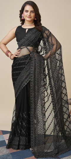 Black and Grey color Saree in Net fabric with Embroidered, Resham, Thread work