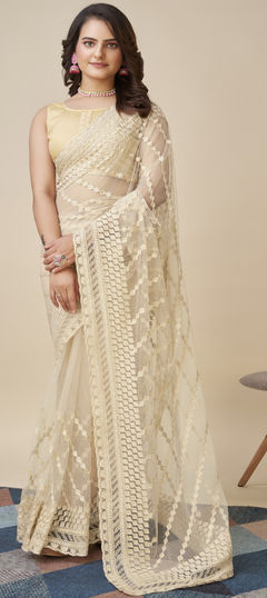 Beige and Brown color Saree in Net fabric with Embroidered, Resham, Thread work