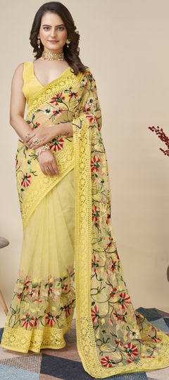 Festive, Party Wear, Reception Yellow color Saree in Net fabric with Classic Embroidered, Resham, Thread work : 1900153