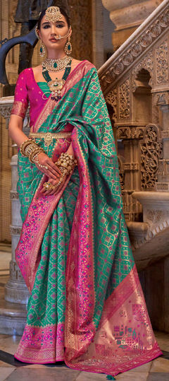 Festive, Traditional, Wedding Green color Saree in Banarasi Silk fabric with South Printed, Stone, Weaving work : 1900169