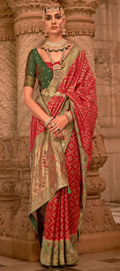 Red and Maroon color Saree in Banarasi Silk fabric with Printed, Stone, Weaving work