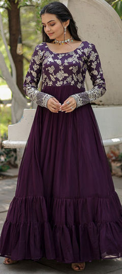 Party Wear, Wedding Purple and Violet color Gown in Viscose fabric with Embroidered, Sequence, Thread work : 1900192