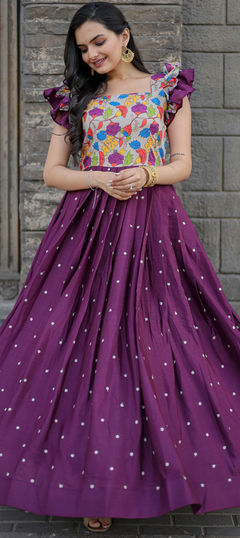 Party Wear, Wedding Purple and Violet color Gown in Muslin fabric with Embroidered, Floral, Printed work : 1900199