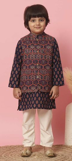 Festive, Party Wear, Summer Blue color Boys Kurta Pyjama in Cotton fabric with Printed work : 1900201