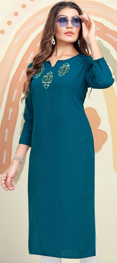 Blue color Kurti in Cotton fabric with Embroidered, Resham, Zari work