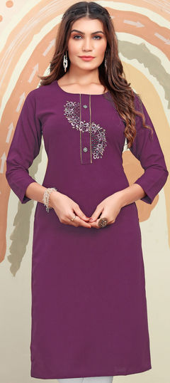 Purple and Violet color Kurti in Cotton fabric with Embroidered, Resham, Zari work