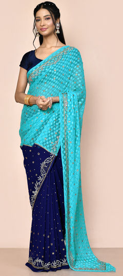 Blue color Saree in Jacquard fabric with Cut Dana, Stone, Weaving work