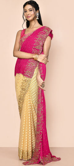 Beige and Brown, Pink and Majenta color Saree in Jacquard fabric with Cut Dana, Stone work