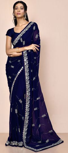 Blue color Saree in Georgette fabric with Cut Dana, Mirror, Stone work