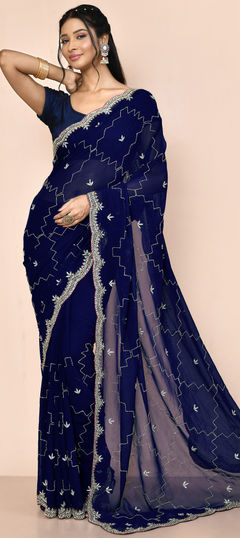 Blue color Saree in Georgette fabric with Embroidered, Thread work