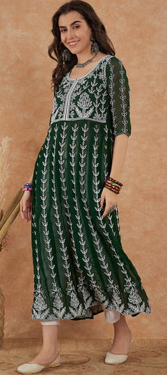 Casual Green color Kurti in Georgette fabric with Anarkali Embroidered, Resham, Thread work : 1900241