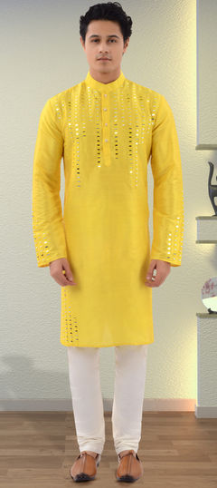 Yellow color Kurta Pyjamas in Art Silk fabric with Mirror, Resham, Thread work