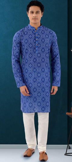 Blue color Kurta Pyjamas in Cotton fabric with Bandhej, Printed work