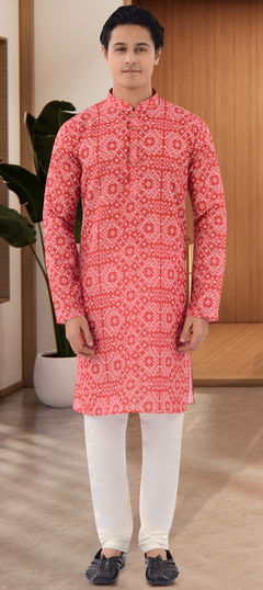 Red and Maroon color Kurta Pyjamas in Cotton fabric with Bandhej, Printed work