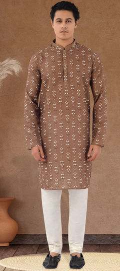 Beige and Brown color Kurta Pyjamas in Cotton fabric with Printed work