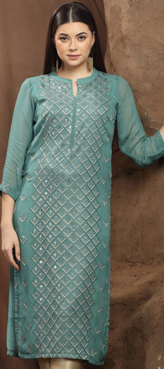 Party Wear Green color Kurti in Georgette fabric with Long Sleeve, Straight Embroidered, Resham, Sequence, Thread work : 1900363