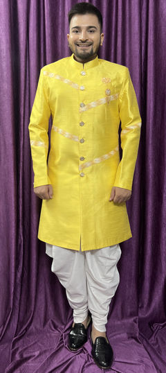 Yellow color IndoWestern Dress in Silk fabric with Broches work