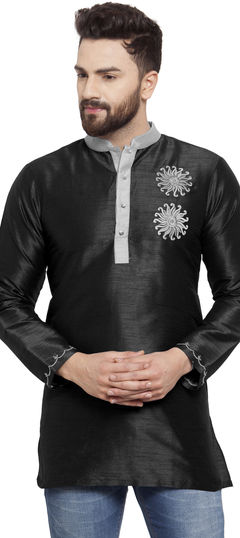 Black and Grey color Kurta in Dupion Silk fabric with Embroidered, Thread work