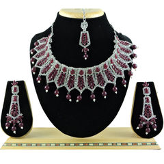 Silver Rodium Polish Red and Maroon color Necklace in Metal Alloy studded with CZ Diamond