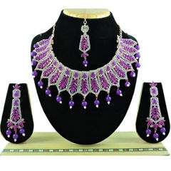 Gold Rodium Polish Purple and Violet color Necklace in Metal Alloy studded with CZ Diamond