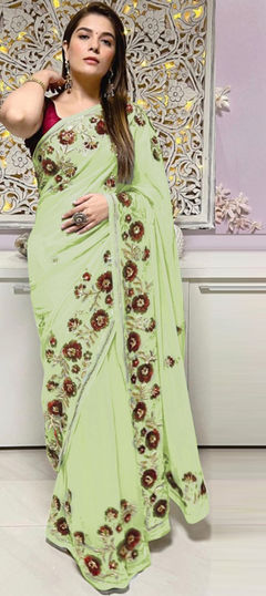 Green color Saree in Faux Chiffon fabric with Resham, Sequence, Thread, Zari work