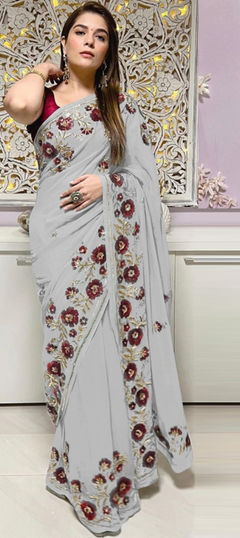 Black and Grey color Saree in Faux Chiffon fabric with Resham, Sequence, Thread, Zari work