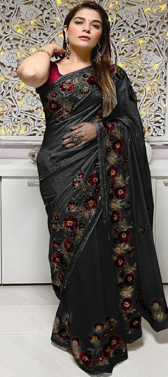 Black and Grey color Saree in Faux Chiffon fabric with Resham, Sequence, Thread, Zari work