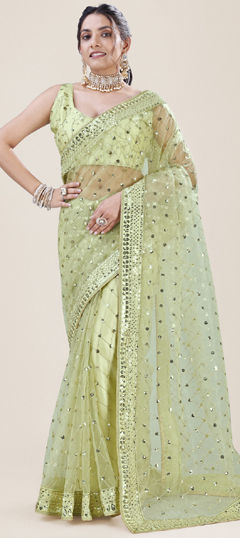 Festive, Reception Green color Saree in Net fabric with Classic Lace, Sequence, Thread work : 1900759