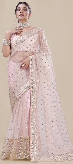 Pink and Majenta color Saree in Net fabric with Lace, Sequence, Thread work