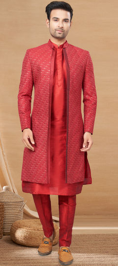 Red and Maroon color IndoWestern Dress in Art Silk fabric with Embroidered, Resham, Sequence, Thread work