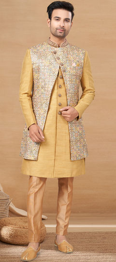 Gold color IndoWestern Dress in Art Silk fabric with Embroidered, Resham, Sequence, Thread work