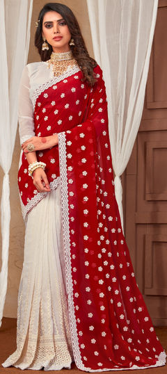 Red and Maroon, White and Off White color Saree in Georgette fabric with Embroidered, Resham, Stone, Thread work