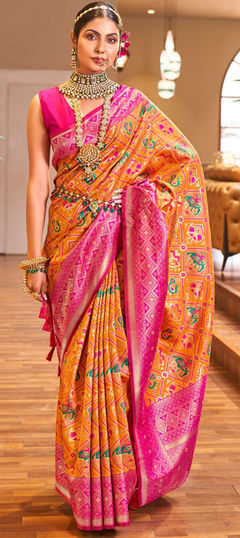 Yellow color Saree in Banarasi Silk, Silk fabric with Weaving work