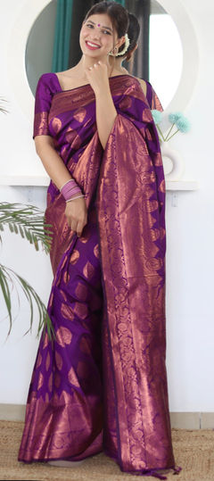 Reception, Traditional, Wedding Purple and Violet color Saree in Banarasi Silk fabric with South Weaving work : 1900830