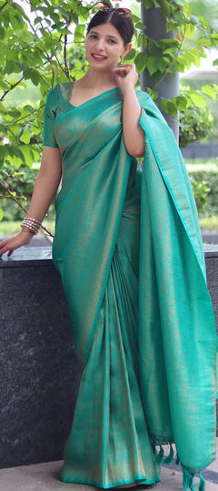 Festive, Reception, Traditional Blue color Saree in Banarasi Silk, Silk fabric with South Weaving work : 1900838