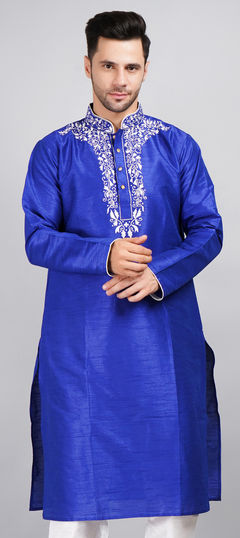 Blue color Kurta in Dupion Silk fabric with Embroidered, Thread work